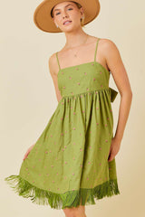 Green Floral Embroidered Back Cutout Tassel Fringe Maternity Dress