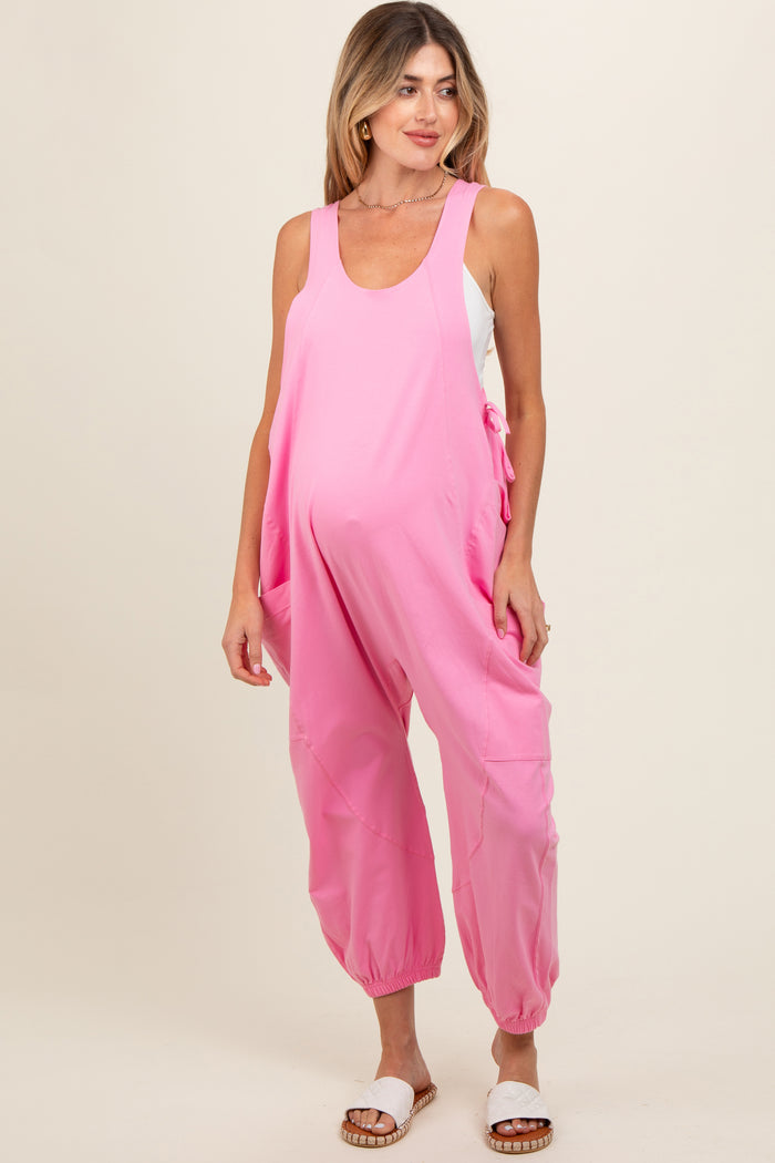 Pink Racerback Drawstring Side Pocket Maternity Jumpsuit