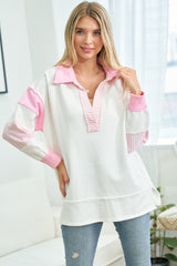 Pink Colorblock Stripe Collared Maternity Sweater