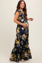 Navy Floral Smocked Cinched Top Maternity Maxi Dress