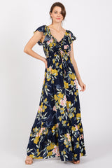 Navy Floral Smocked Cinched Top Maternity Maxi Dress