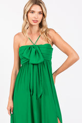 Green Pleated Front Tie Side Slit Maxi Dress