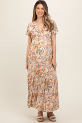 White Floral V-Neck Ruffle Maternity Maxi Dress