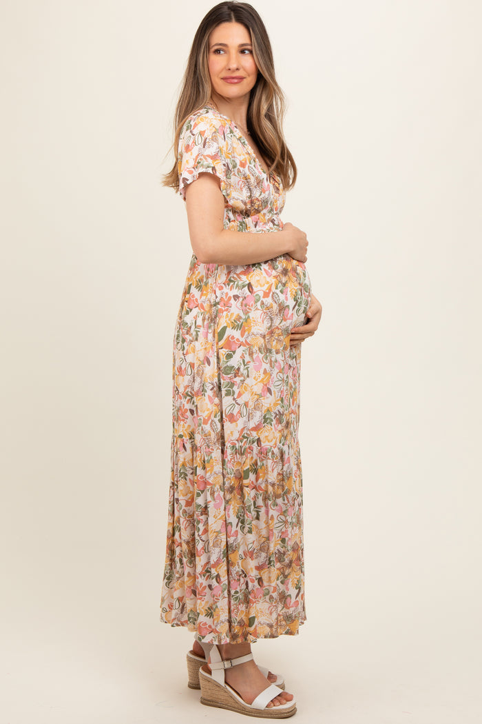 White Floral V-Neck Ruffle Maternity Maxi Dress
