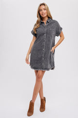 Black Acid Wash Denim Button Up Dress