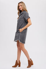 Black Acid Wash Denim Button Up Dress