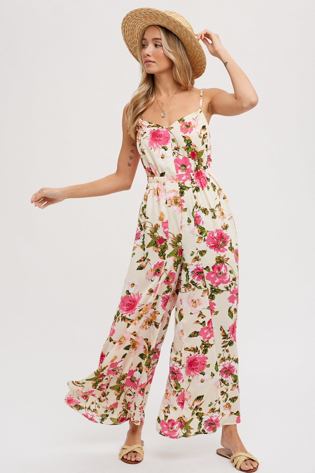 Cream Open Back Floral Print Sleeveless Jumpsuit