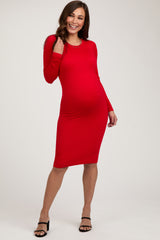 Red Ribbed Maternity Seamless Fitted Dress