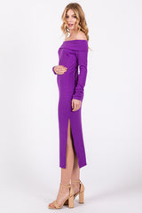 Purple Ribbed Off Shoulder Side Slit Midi Dress