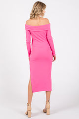 Pink Ribbed Off Shoulder Side Slit Midi Dress