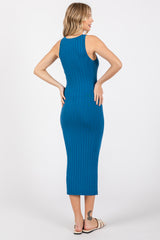 Blue Rib Knit Sleeveless Midi Dress