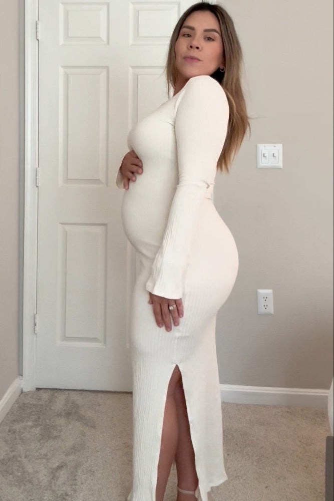 Cream Ribbed Side Slit Maternity Maxi Dress
