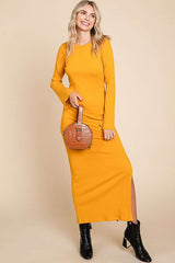 Yellow Ribbed Side Slit Maxi Dress