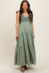 Olive Sweetheart Neck Smocked Embroidered Ribbon Shoulder Tie Maternity Midi Dress