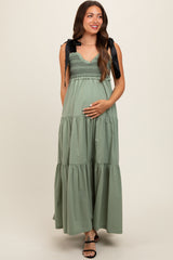 Olive Sweetheart Neck Smocked Embroidered Ribbon Shoulder Tie Maternity Midi Dress