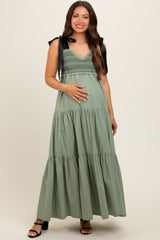 Olive Sweetheart Neck Smocked Embroidered Ribbon Shoulder Tie Maternity Midi Dress