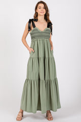 Olive Sweetheart Neck Smocked Embroidered Ribbon Shoulder Tie Maternity Midi Dress