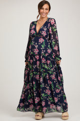 Navy Blue Floral Chiffon Ruffle Tiered Maternity Maxi Dress