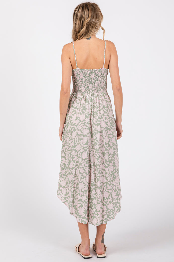 Light Olive Floral Front Tie V-Neck Midi Dress
