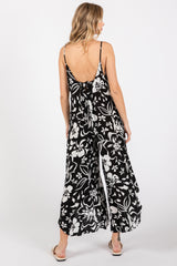 Black Tropical Floral V-Neck Back Cutout Round Hem Jumpsuit