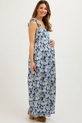 Blue Floral Sleeveless Tie Back Maternity Jumpsuit