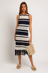 Navy Striped Crochet Fringe Coverup Maternity Dress