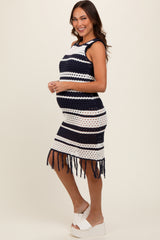 Navy Striped Crochet Fringe Coverup Maternity Dress