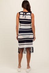 Navy Striped Crochet Fringe Coverup Maternity Dress