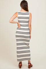 Ivory Striped V-Neck Soft Knit Maternity Midi Dress