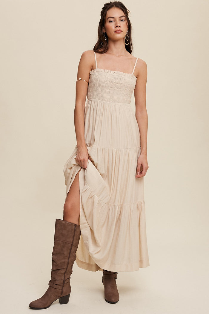 Beige Smocked Square Neck Back Cutout Tiered Maternity Midi Dress