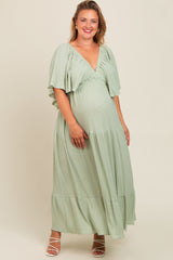 Light Olive Flounce Sleeve Tiered Maternity Plus Dress