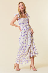 Lavender Floral Print Smocked Ruffle Sleeve Maternity Maxi Dress