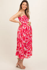 Fuchsia Abstract Floral Smocked Maternity Midi Dress