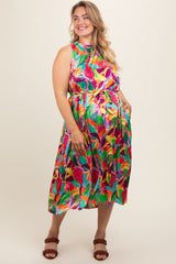 Multicolor Leaf Print Satin Tiered Maternity Plus Dress