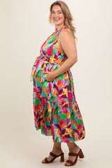 Multicolor Leaf Print Satin Tiered Maternity Plus Dress