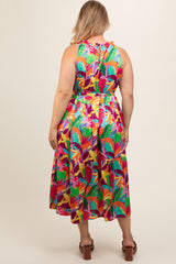 Multicolor Leaf Print Satin Tiered Maternity Plus Dress