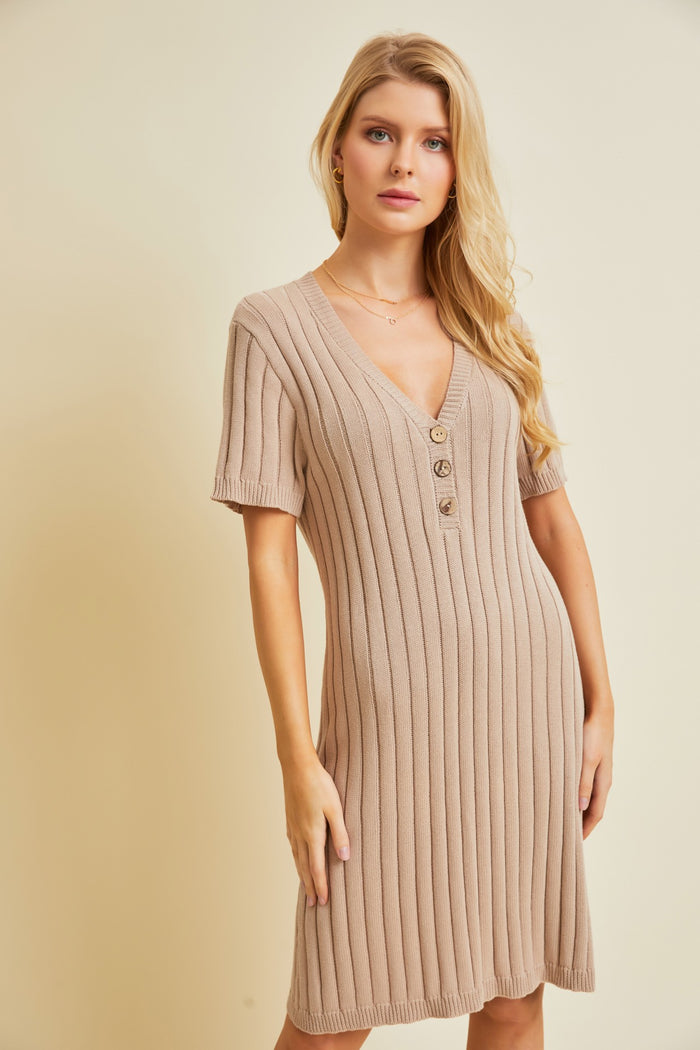 Beige Ribbed Knit Dress