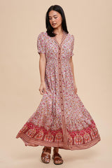 Pink Floral Button Up Maternity Midi Dress