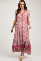 Pink Floral Button Up Maternity Midi Dress