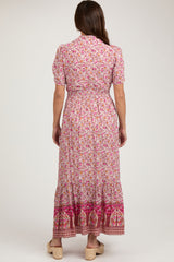 Pink Floral Button Up Maternity Midi Dress