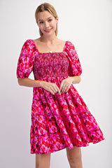 Fuchsia Floral Smocked Tiered Maternity Dress