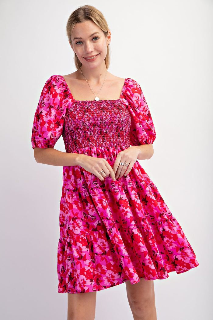 Fuchsia Floral Smocked Tiered Maternity Dress