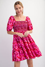 Fuchsia Floral Smocked Tiered Dress