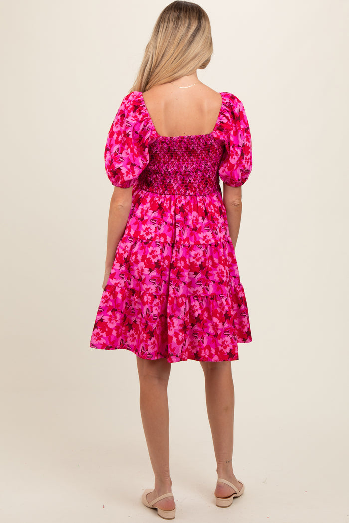 Fuchsia Floral Smocked Tiered Maternity Dress
