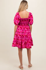 Fuchsia Floral Smocked Tiered Maternity Dress