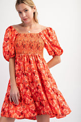 Orange Floral Smocked Tiered Dress