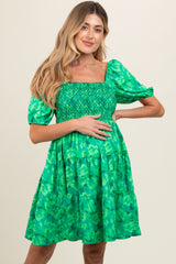 Green Floral Smocked Tiered Maternity Dress