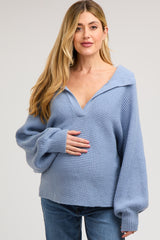 Blue Oversize Collared Knit Maternity Sweater