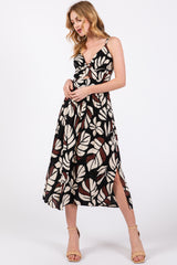 Black Palm Print Front Knot Twist Maternity Dress