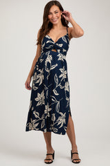 Navy Blue Floral Front Twist Maternity Midi Dress